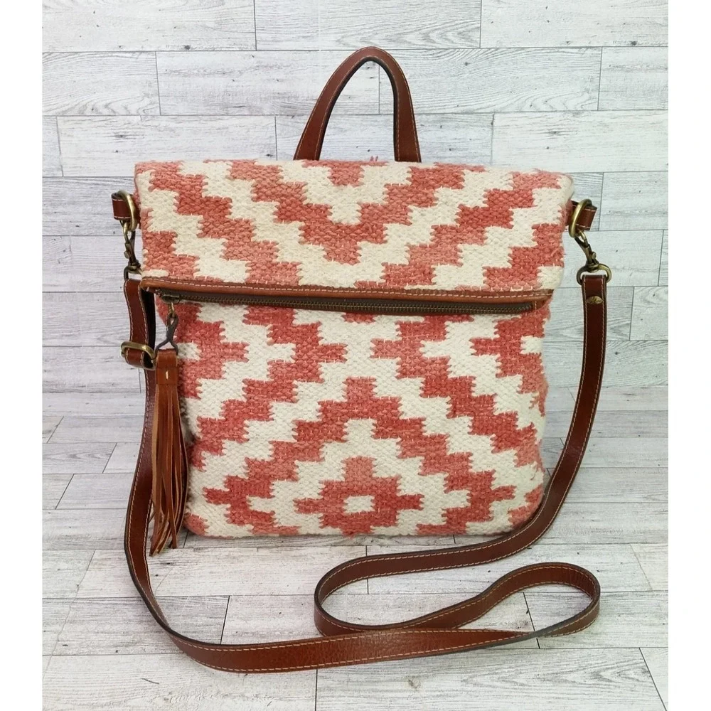 Patricia Nash Woven Casoli Convertible Shoulder Backpack Leather Carpet Bag